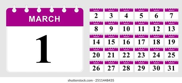 Days calendar of March. Calendar template. Vector illustration.