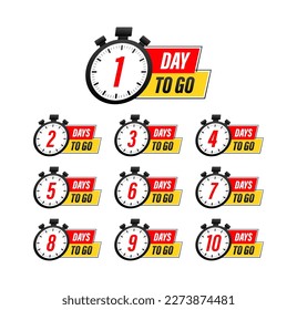 Days countdown. Days to go 1 2 3 4 5 6 7 8 9 10. The days left badges set. Product limited promo