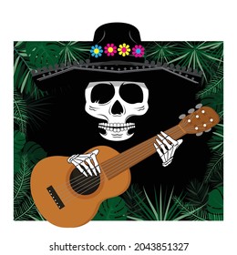 Days of the Dead or Dia de los muertos Decoration with sombrero and play guitar. vector illustration