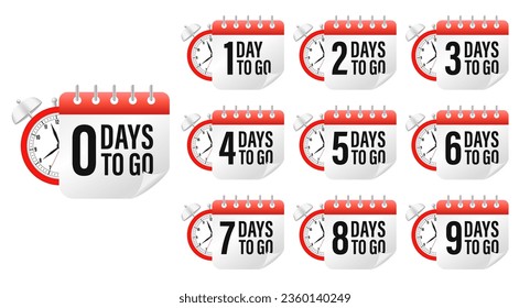 Days to go Badges and Stickers. Count time sale. Number of days left. Countdown left days banner. Count down. Nine, eight, seven, six, five, four, three, two, one, zero days left. Vector illustration