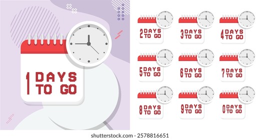 Days to go Badges and Stickers. Count time sale. Number of days left. Countdown left days banner. Count down. Nine, eight, seven, six, five, four, three, two, one, zero days left. Vector illustration
