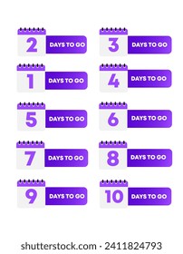 Days to go calendars set. Flat, purple, days to go calendars from 1 to 10, calendar collections. Vector icons