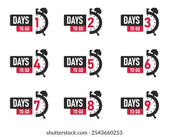 Days to Go countdown from 1,2,3,4,5,6,7,8,9 days left Vector banner template design. Clean, modern icons for time-sensitive promotions, sales, and special announcements. Ideal for marketing use.