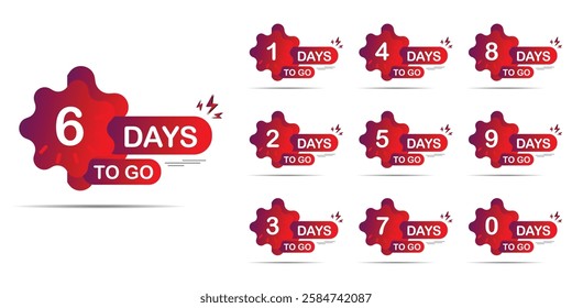 Days to go, Countdown of days 1,2,3,4,5,6,7,8,9,10. The days left badges. A countdown is going on, one day I left a badge and a label to calculate the date of work. Offer timer, Vecort eps 10