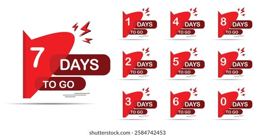 Days to go, Countdown of days 1,2,3,4,5,6,7,8,9,10. The days left badges. A countdown is going on, one day I left a badge and a label to calculate the date of work. Offer timer, Vecort eps 10