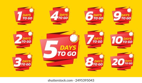 Days To Go Countdown banner template design. 1,2,3,4,5,6,7,8,9,10,20 days left countdown icon. vector 