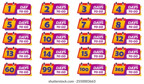 Days To Go Countdown banner template design. 1,2,3,4,5,6,7,8,9,10,11,12,13,14,15,30,99,100,365 days left countdown icon. vector 

