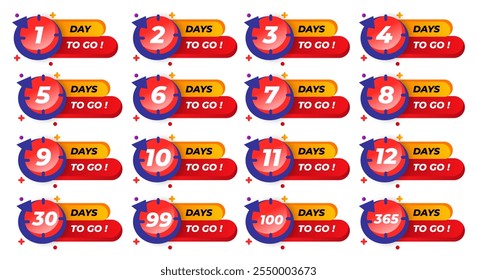 Days To Go Countdown banner template design. 1,2,3,4,5,6,7,8,9,10,11,12,13,14,15,30,99,100,365 days left countdown icon. vector 
