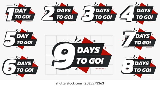 Days To Go Countdown banner template design. 1,2,3,4,5,6,7,8,9,10,20 days left countdown icon. vector 