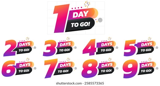 Days To Go Countdown banner template design. 1,2,3,4,5,6,7,8,9,10,20, 30 days left countdown icon. vector 