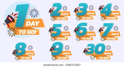 Days To Go Countdown banner template design. 1,2,3,4,5,6,7,8,9,10,20, 30 days left countdown icon. vector 