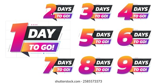 Days To Go Countdown banner template design. 1,2,3,4,5,6,7,8,9,10,20, 30 days left countdown icon. vector 