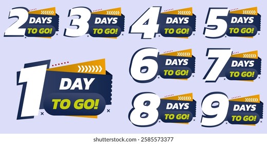 Days To Go Countdown banner template design. 1,2,3,4,5,6,7,8,9,10,20 days left countdown icon. vector 