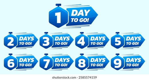 Days To Go Countdown banner template design. 1,2,3,4,5,6,7,8,9,10,20 days left countdown icon. vector 