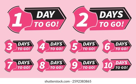 Days To Go Countdown banner template design, Badges and Stickers. Count time sale.
Number of days left. 1,2,3,4,5,6,7,8,9,10 days left countdown icon. Vector