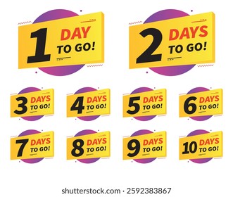 Days To Go Countdown banner template design, Badges and Stickers. Count time sale.
Number of days left. 1,2,3,4,5,6,7,8,9,10 days left countdown icon. Vector