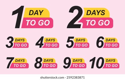 Days To Go Countdown banner template design, Badges and Stickers. Count time sale.
Number of days left. 1,2,3,4,5,6,7,8,9,10 days left countdown icon. Vector