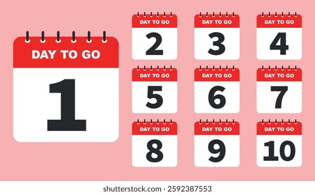 Days to go countdown banner template design, Badges and Stickers. Calendar web banner and icons set . Count time sale. Number of days left. 1,2,3,4,5,6,7,8,9,10 days left countdown icon. Vector
