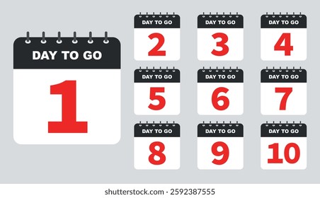 Days to go countdown banner template design, Badges and Stickers. Calendar web banner and icons set . Count time sale. Number of days left. 1,2,3,4,5,6,7,8,9,10 days left countdown icon. Vector
