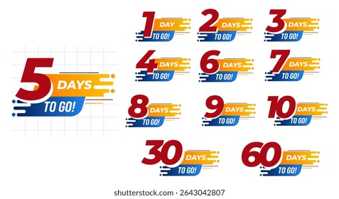 Days To Go Countdown banner template design. 1,2,3,4,5,6,7,8,9,10,20 days left countdown icon. vector 
