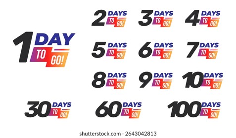 Days To Go Countdown banner template design. 1,2,3,4,5,6,7,8,9,10,20 days left countdown icon. vector 