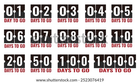 Days To Go Countdown banner template design. 1,2,3,4,5,6,7,8,9,10,20 days left countdown icon. vector 