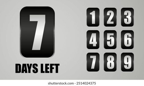 Days to go. Countdown discounts and sale time. Days left sign, label. Vector illustration