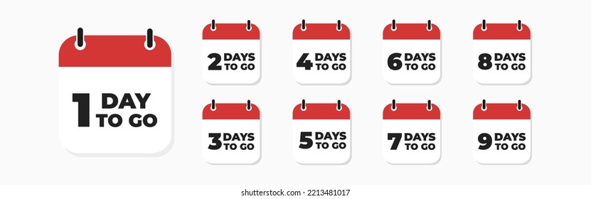 Days to go . Countdown left days calendar .Collection calendars with number of count down time.Number 1, 2, 3, 4 5 6 7 8 9 10 of days left to go. Vector icon . 1o eps