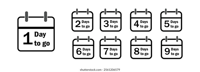 Days to go . Countdown left days calendar .Number of days left. Collection calendars with number of count down time.Number 1, 2, 3, 4 5 6 7 8 9 10 of days left to go. Vector icon . 