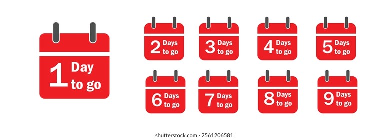 Days to go . Countdown left days calendar .Number of days left. Collection calendars with number of count down time.Number 1, 2, 3, 4 5 6 7 8 9 10 of days left to go. Vector icon . 