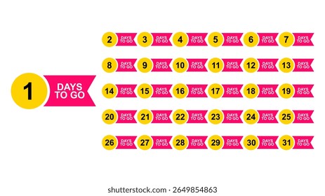 "Days to go" countdown timer labels collection, numbers 1 to 31, modern banner design for event promotion, sales, and deadline reminders.