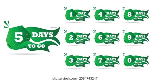 Days to go desing Countdown of days 1,2,3,4,5,6,7,8,9,10. The days left badges. A countdown is going on, one day I left a badge and a label to calculate the date of work. Ribbon banner with Green,