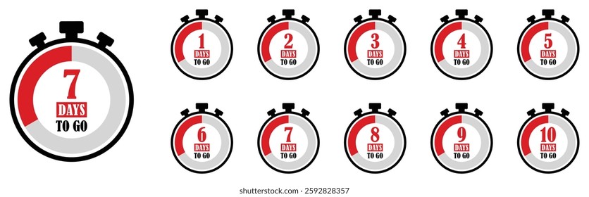 Days to go icons set. Left days symbols. Countdown timer vector illustration with stopwatch icons, days remaining numbers from 1 to 10, red progress bar, black outline, digital clock design.
