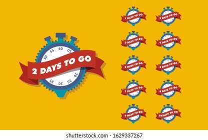 Days to go with stopwatch and ribbon. Time icon. Vector stock illustration on yellow background. 