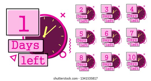 Days left badges. Going countdown sign, one day left badge and business date count label. Offer timer, limited only days sticker. Isolated vector illustration symbols set 