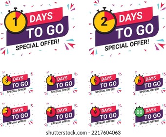 Days Left Badges and Stickers. Count time sale. Number of days left. Countdown left days banner. Count down vector banner template. Nine, eight, seven, six, five, four, three, two, one, zero days left