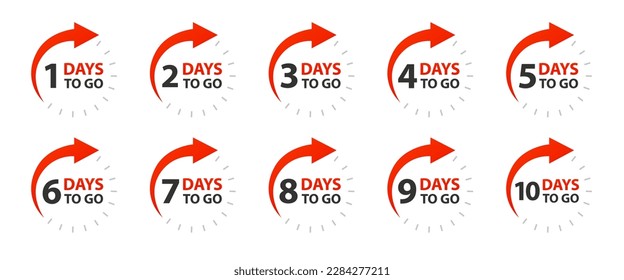 Days Left Badges and Stickers. Count time sale. Countdown left days banner. Count down vector banner template. Nine, eight, seven, six, five, four, three, two, one, zero days left. Vector illustration