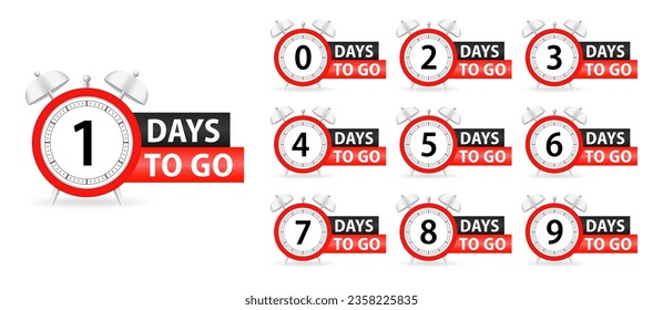 Tage links Abzeichen und Sticker. Zählen Sie den Zeitverkauf. Anzahl der verbleibenden Tage. Countdown-Linkstage-Banner. Zählen Sie die Vektorbanner-Vorlage herunter. Werbeausweis. Wecker-Symbol. Vektorgrafik