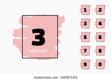 Days left banners. Promotion badges with days left to go numbers, countdown banners for sale and shopping, advertisement, hand drawn grungy badges.