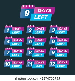 Days Left Countdown Badges Set. Countdown of days 1,2,3,4,5,6,7,8,9,10. The days left badges.Last minute offer or sale countdown banner. Promotion sale banner. Days count. Vector Badges