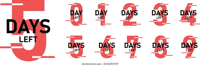 Days left, days to go from 0 to 9. Promotional Red banner countdown left days. Vector illustration