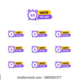 Days left to go from 1 to 10. Alarm clock geometric label. Modern vector illustration.