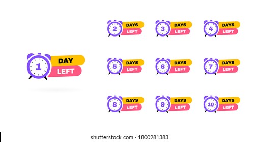 Days left to go from 1 to 10. Alarm clock geometric label. Modern vector illustration.
