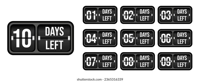 Days left to go 1, 2, 3, 4, 5, 6, 7, 8, 9, 10 banner business for sale and promotion. Promotional banner with number of days left sign set. Vector Illustration.