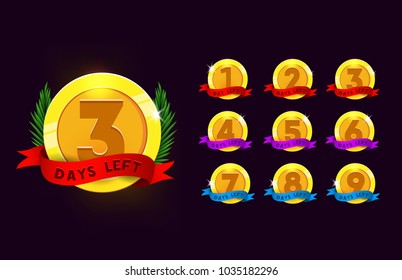 Days left to go medals set. Colorful labels set with ribbon and leaves for ui, games, sites, banners etc. Golden medals isolated on dark background.