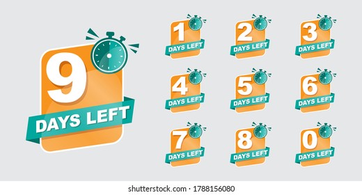 Days left icon. Limited badges for promotion. Counter down button for sale or deal. Day left discount sign. Offer countdown stamp. vector set number countdown 0 to 9