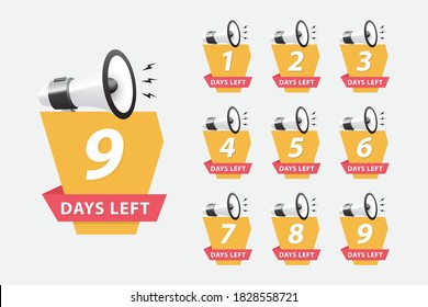 Days left icon. Limited badges for promotion. Counter down button for sale or deal. Day left discount sign. Offer countdown stamp. vector set number countdown 0 to 9