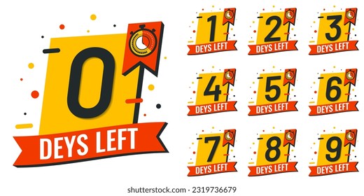 Days left number countdown set vector template with clock label illustration. 0,1,2,3,4,5,6,7,8,9