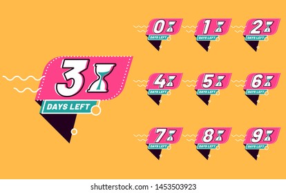 Days left sign numbers zero to nine. Shopping day countdown. Geometric banners. Modern flat style vector illustration. Template for banner, flyer, Sale, offer, promotion, ad, blog, marketing. Eps 8