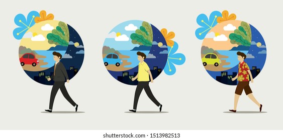 Days in life of a businessman, different outfit for different occation. Concept for day and night of a businessman. Vector illustration